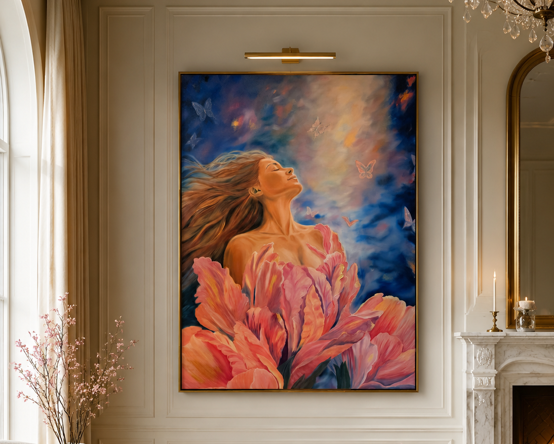 A framed vertical art print depicting a woman in a pink flower, displayed on a white paneled wall in a beautifully styled living room with a sofa, coffee table, and fireplace.